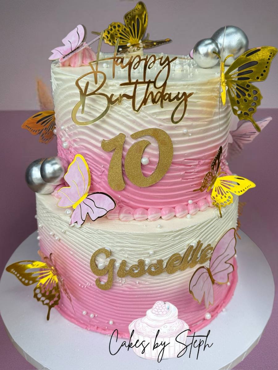 Two-tier pink ombre cake, gold "10", "Giselle", butterflies by Cakes by Steph, Leesburg VA