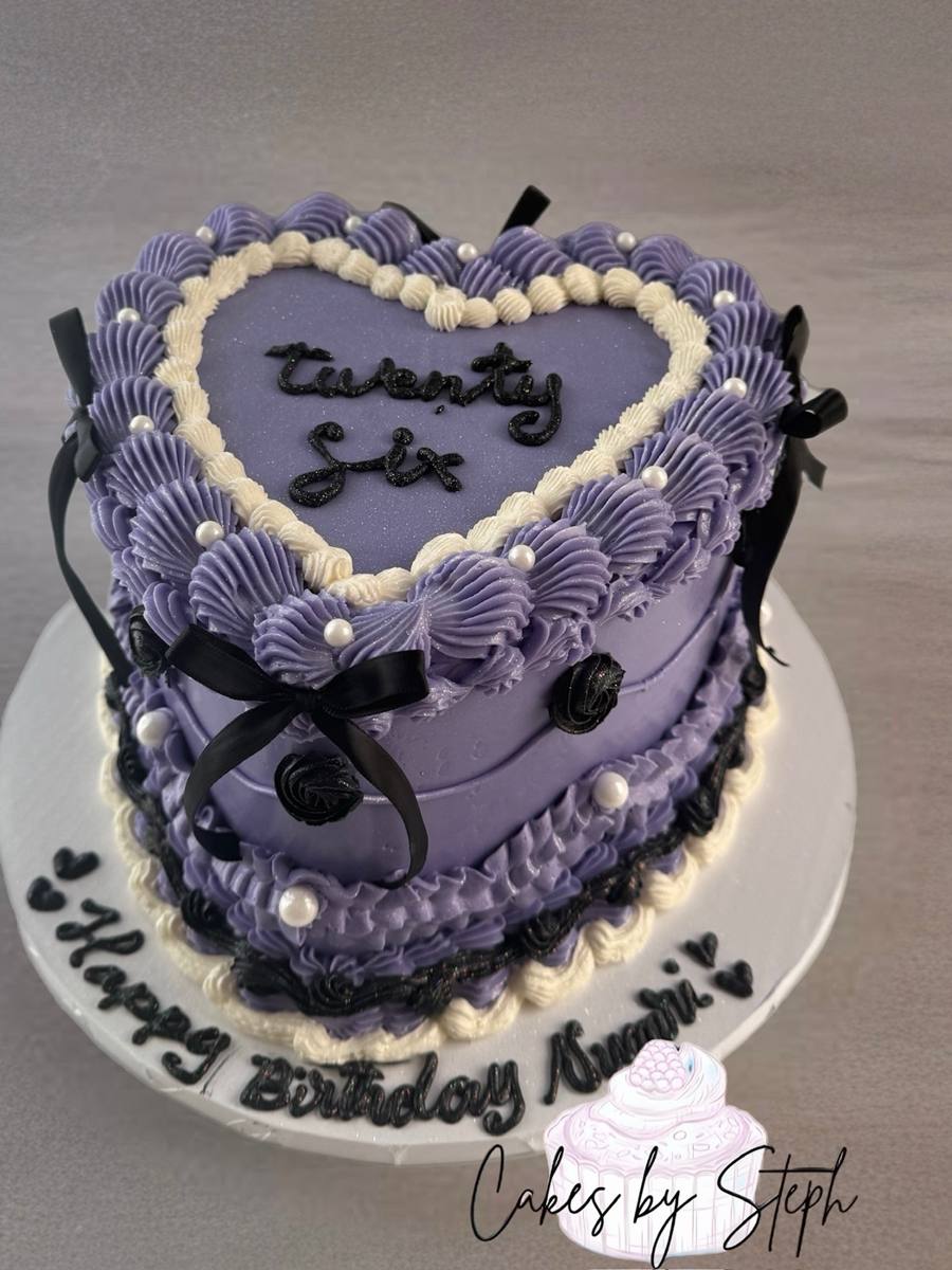 Purple vintage heart cake, "twenty six", black bows by Cakes by Steph, Leesburg VA