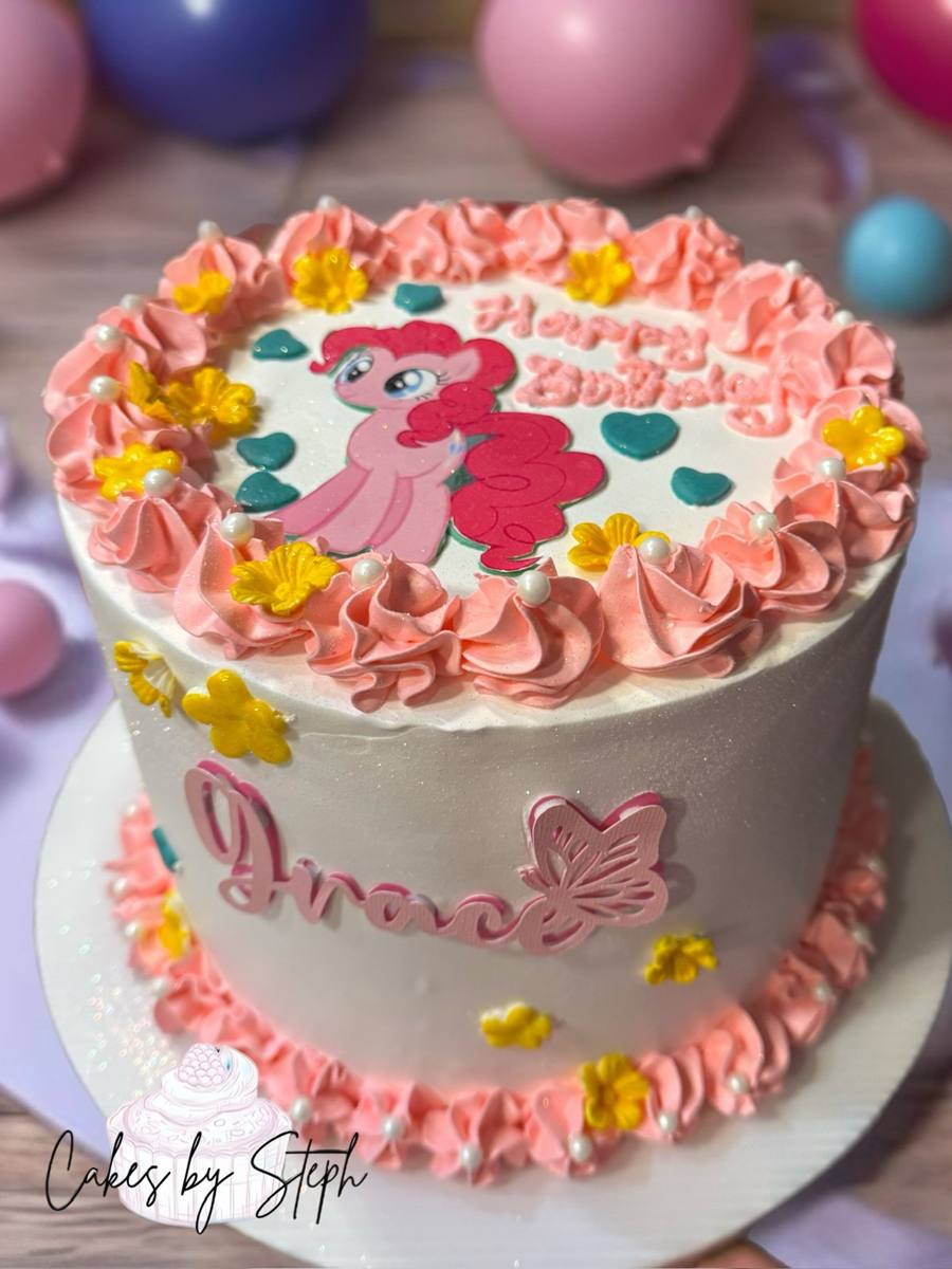 White cake, pink rosettes, My Little Pony, "Grace" by Cakes by Steph, Leesburg VA