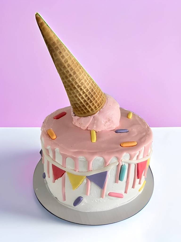 Novelty cake, melting ice-cream cone, pink drip, bunting by Cakes by Steph, Leesburg VA