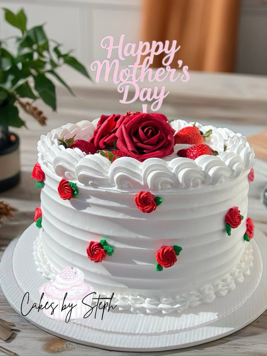 White cake with red roses, strawberries, "Happy Mother's Day" topper by Cakes by Steph, Leesburg VA
