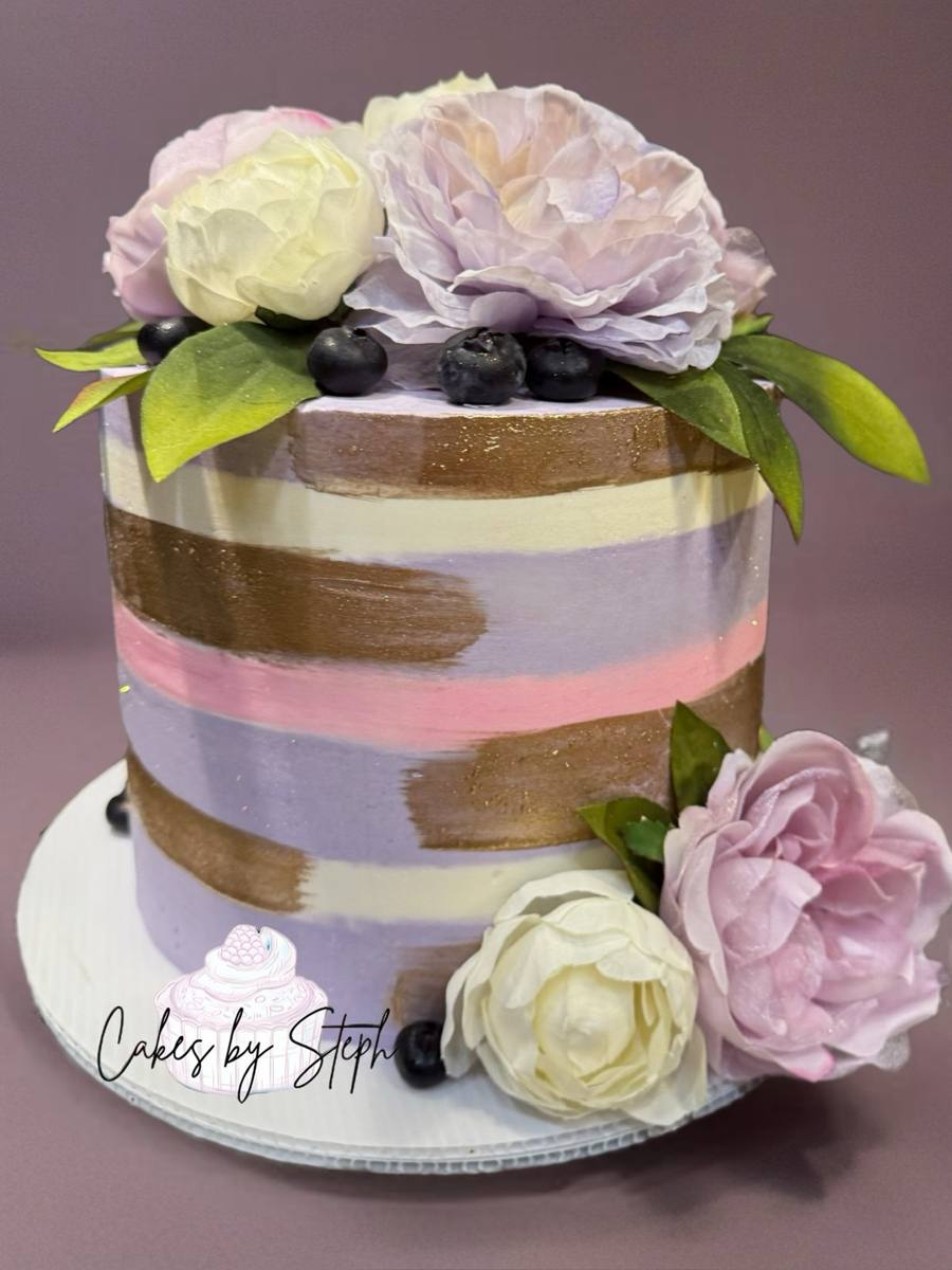 Tall lavender and gold brushstroke cake with peonies and blueberries by Cakes by Steph, Leesburg VA