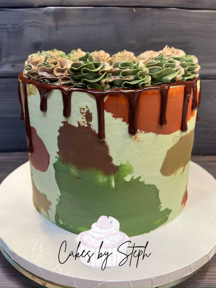 Painted green rust gold buttercream cake with chocolate drip and rosettes by Cakes by Steph, Leesburg VA