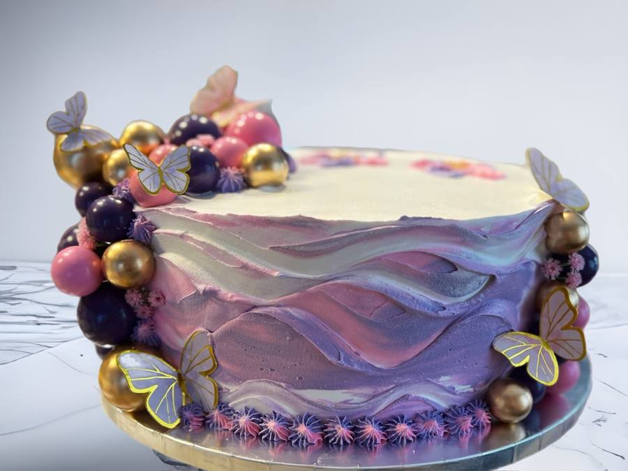 Purple pink marbled cake with gold spheres and butterflies by Cakes by Steph, Leesburg VA