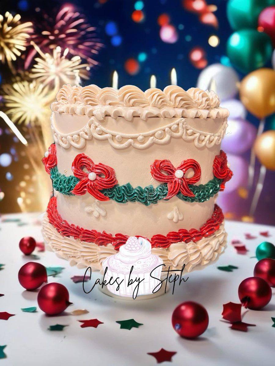 Vintage Lambeth style holiday cake with red bows and green garland by Cakes by Steph, Leesburg VA