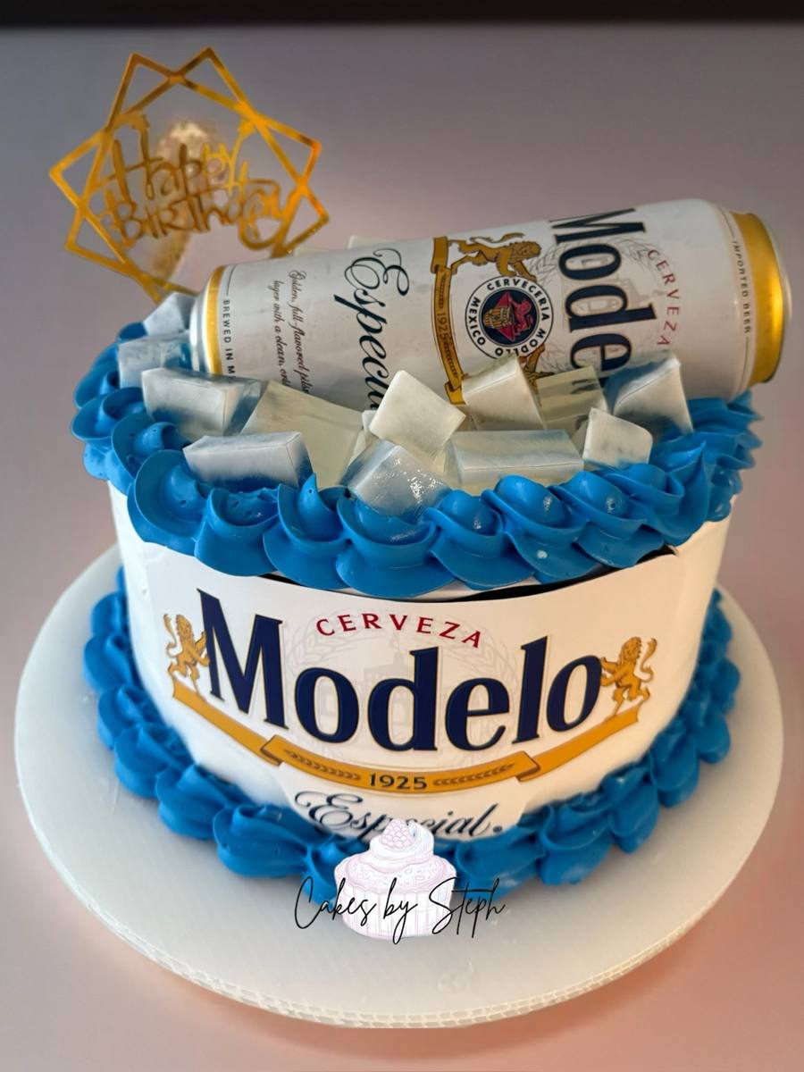 Modelo beer themed cake, blue piping, gold Happy Birthday topper by Cakes by Steph, Leesburg VA