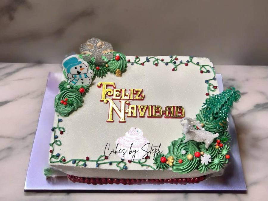 Feliz Navidad Christmas sheet cake with snowman and tree by Cakes by Steph, Leesburg VA