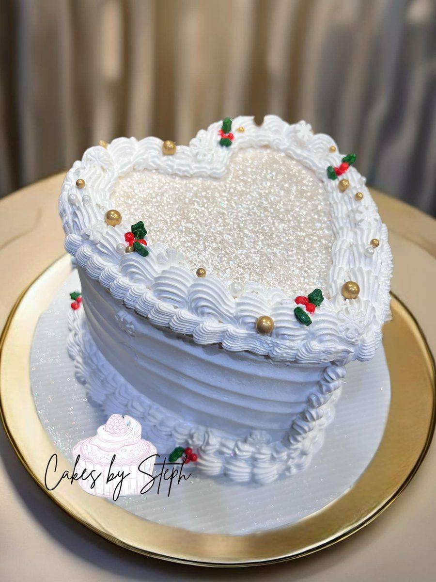 White vintage heart cake with holly and gold pearls by Cakes by Steph, Leesburg VA