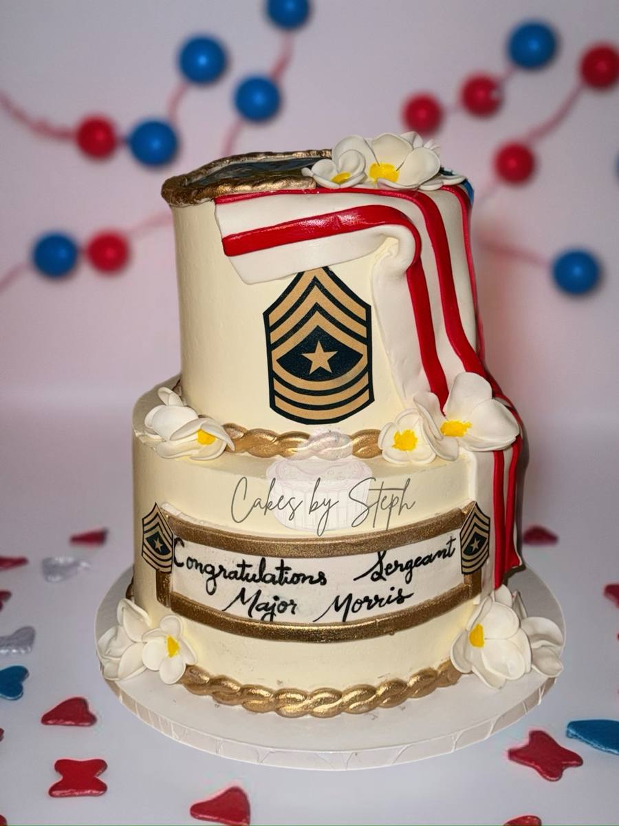 Cream two-tier military cake, rank insignia, "Congratulations Sergeant Major Morris" by Cakes by Steph, Leesburg VA