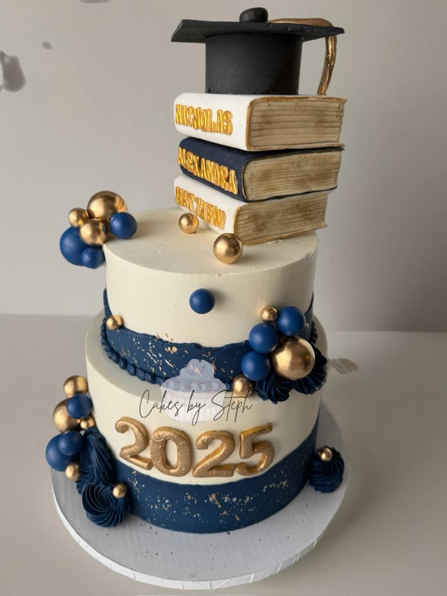 Navy-white-gold graduation cake, cap, stacked books, "2025" by Cakes by Steph, Leesburg VA