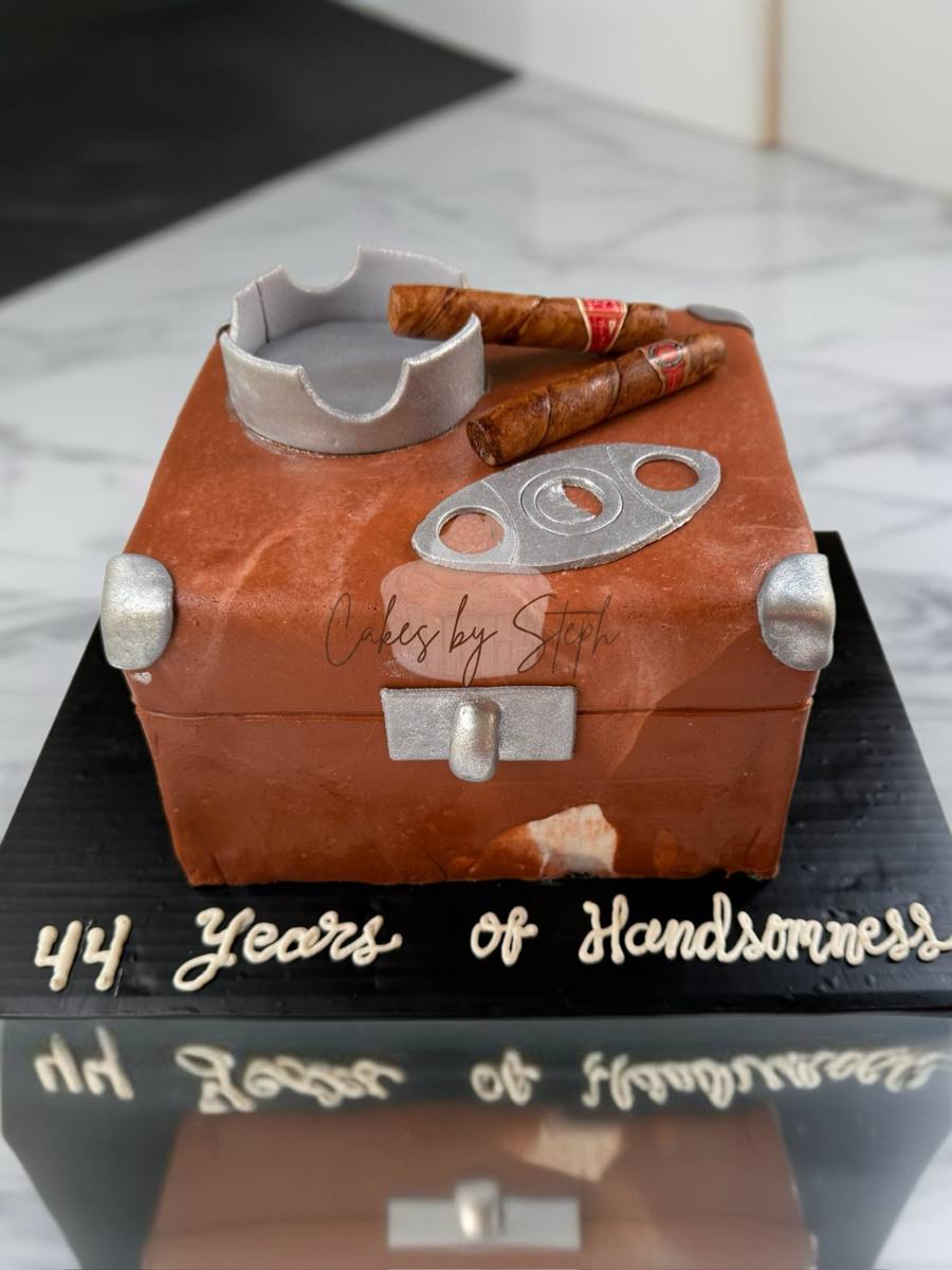 Brown cigar box cake with cigars, ashtray, "44 Years of Handsomness" by Cakes by Steph, Leesburg VA
