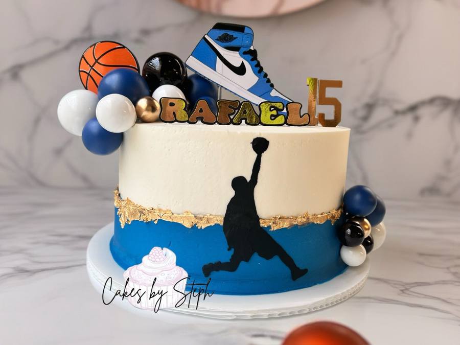 Basketball-themed blue-white cake, "Rafael 15", Jordan sneaker, dunk silhouette by Cakes by Steph, Leesburg VA