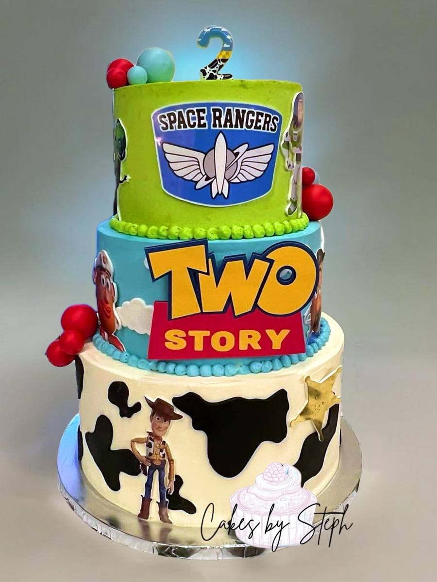 Three-tier Toy Story cake with Woody, cow print, "TWO" by Cakes by Steph, Leesburg VA